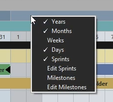 Calendar row visibility options in the ProdRoads context menu