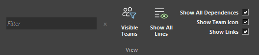Filter field and Visible Teams control in the View section of the ProdRoads ribbon